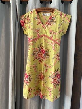 Funky People Lime Green Floral Summer Dress with Pink Roses, Women’s Size Medium